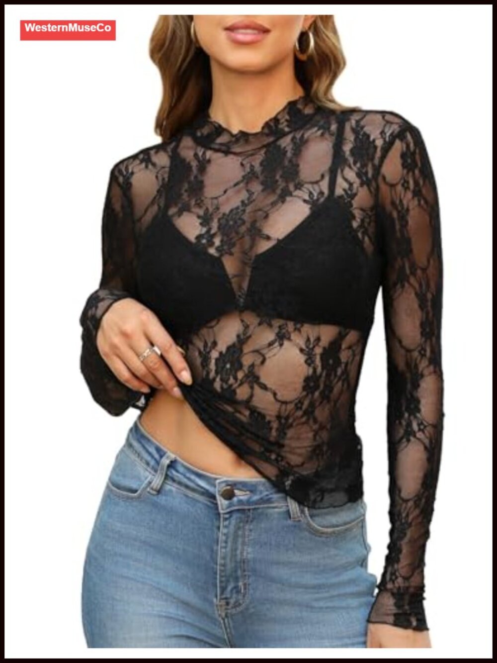 Womens Sheer Mesh Mock Neck Long Sleeve Blouse Lace Fitted Top